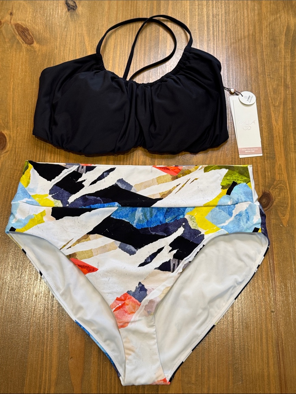 CALIA black scrunched bikini top & High Rise banded bottoms in collage white